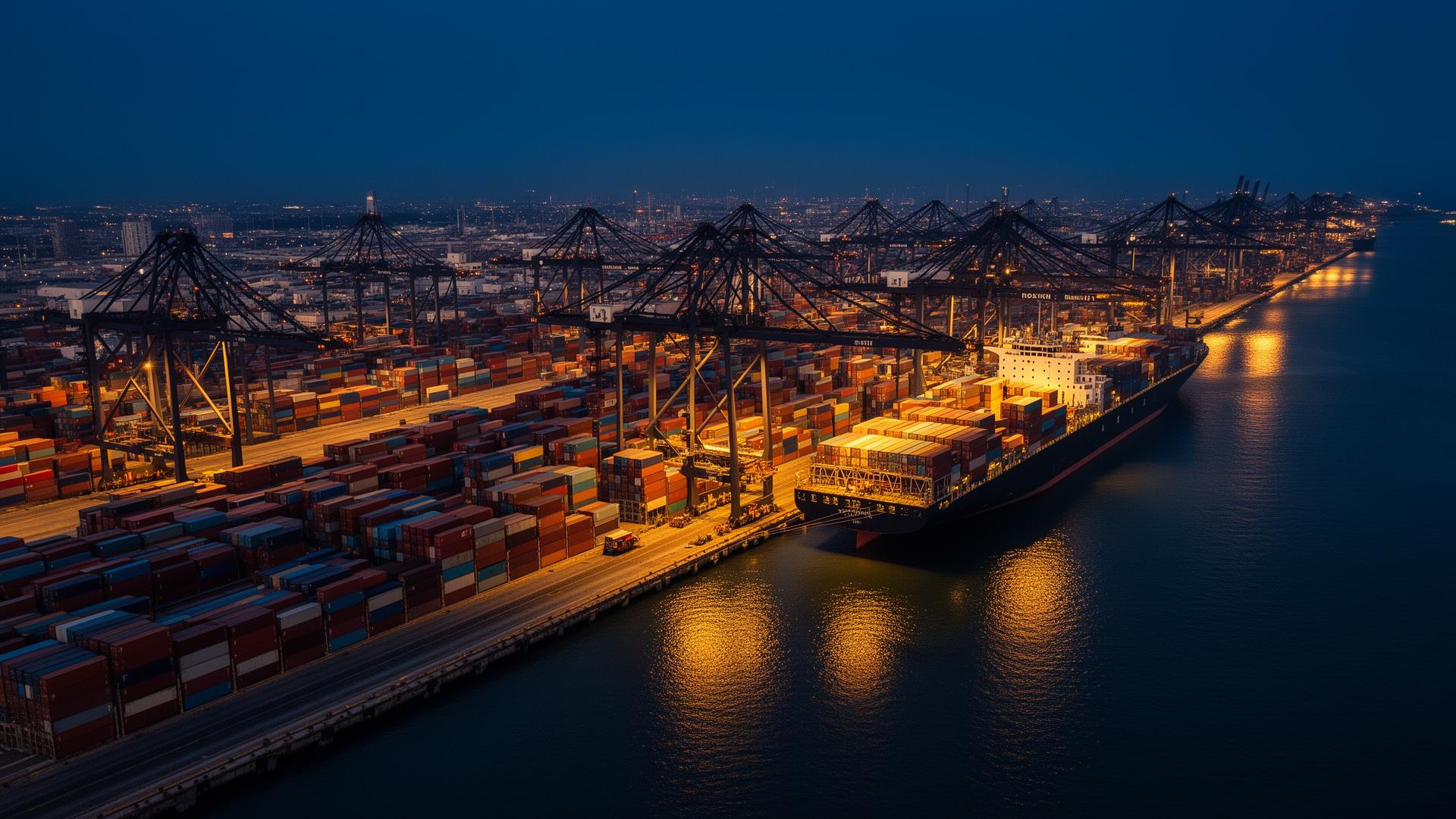 Global shipping port at golden hour